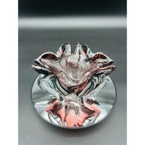 Murano J.I. Co. Italy Glass Ruffled Bowl Ashtray With Label Cranberry Clear